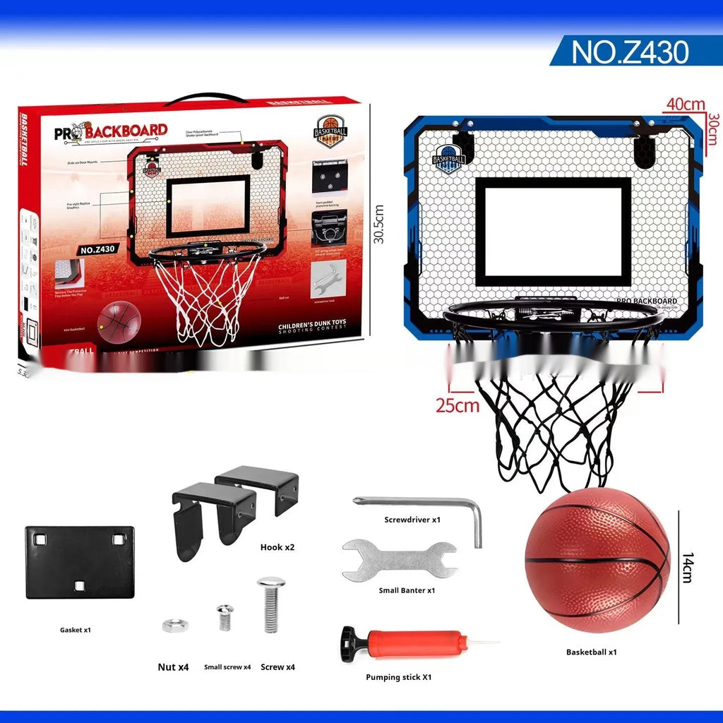 Red and blue folding basketball frame with dunking hoop and ball storage rack, shown with suction cups and hook.