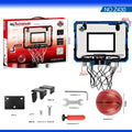 Red and blue folding basketball frame with dunking hoop and ball storage rack, shown with suction cups and hook.