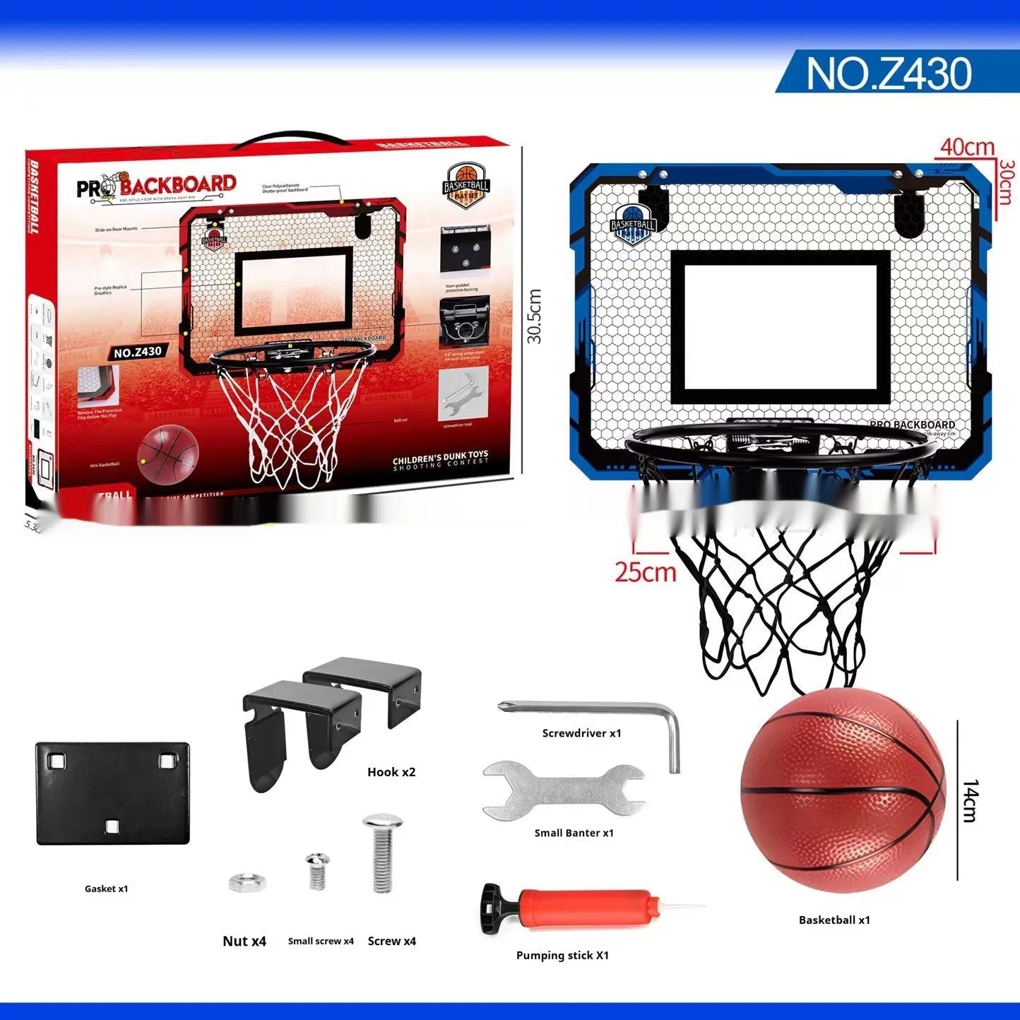 Red and blue folding basketball frame with dunking hoop and ball storage rack, shown with suction cups and hook.