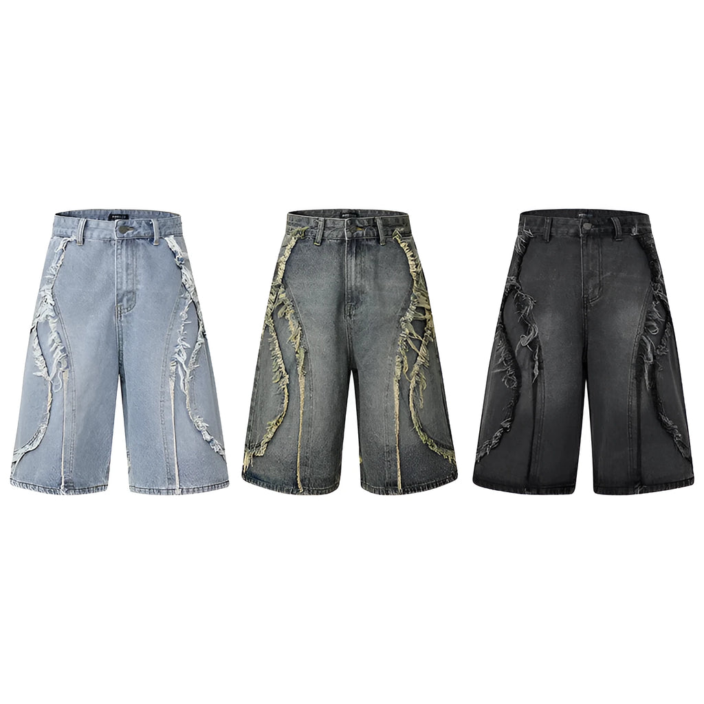 American Pu Shuai distressed raw edge denim shorts in straight leg cropped fit on a grey background.