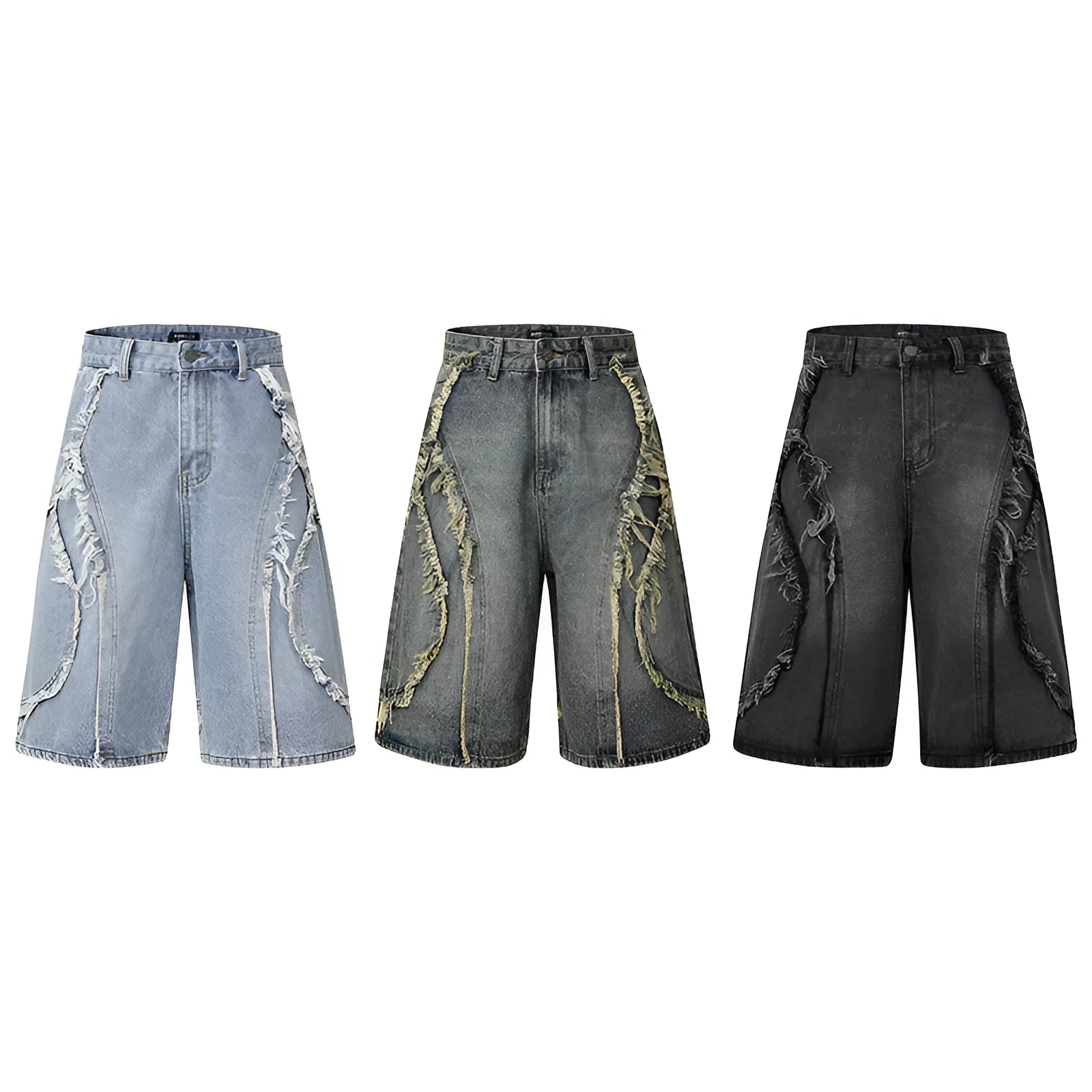 American Pu Shuai distressed raw edge denim shorts in straight leg cropped fit on a grey background.