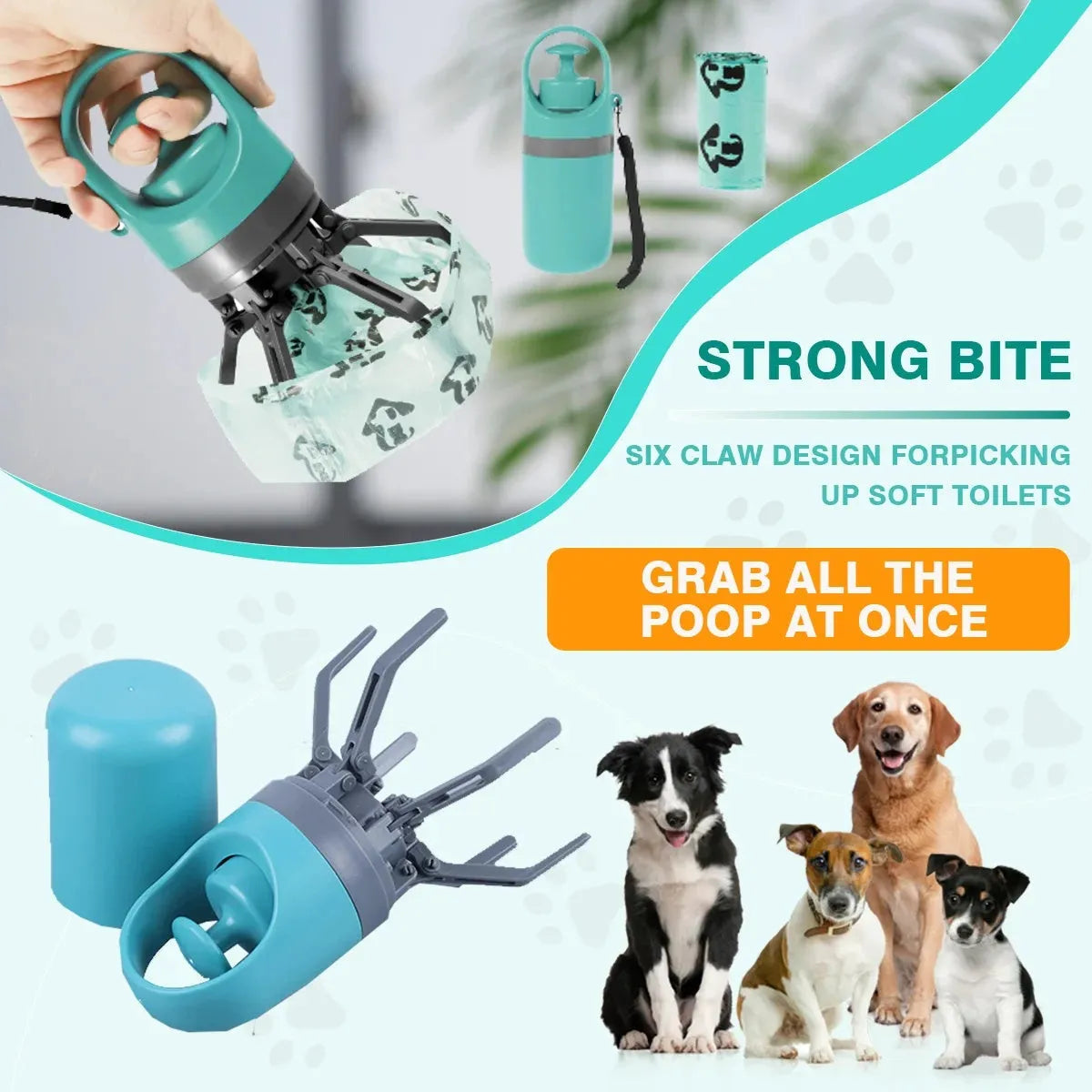 Blue plastic dog pooper scooper with claw mechanism and roll of waste bags