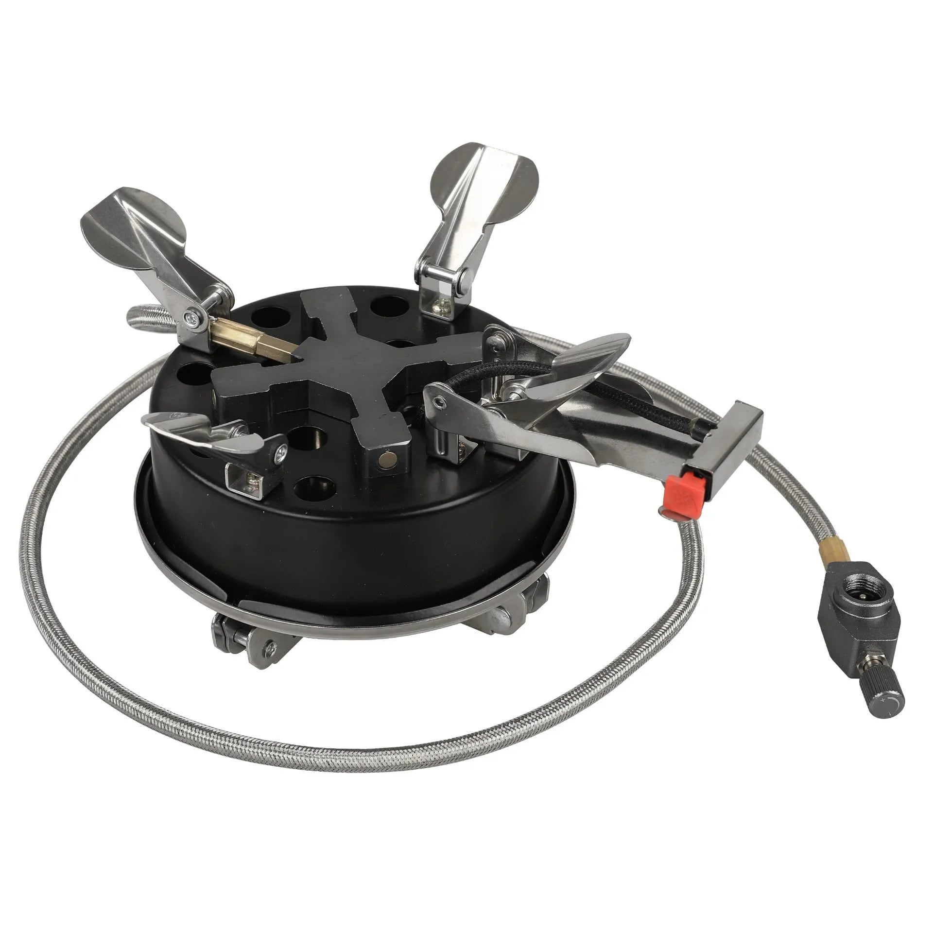 Silver portable split camping stove with fuel hose, shown folded, for outdoor picnic and backpacking.