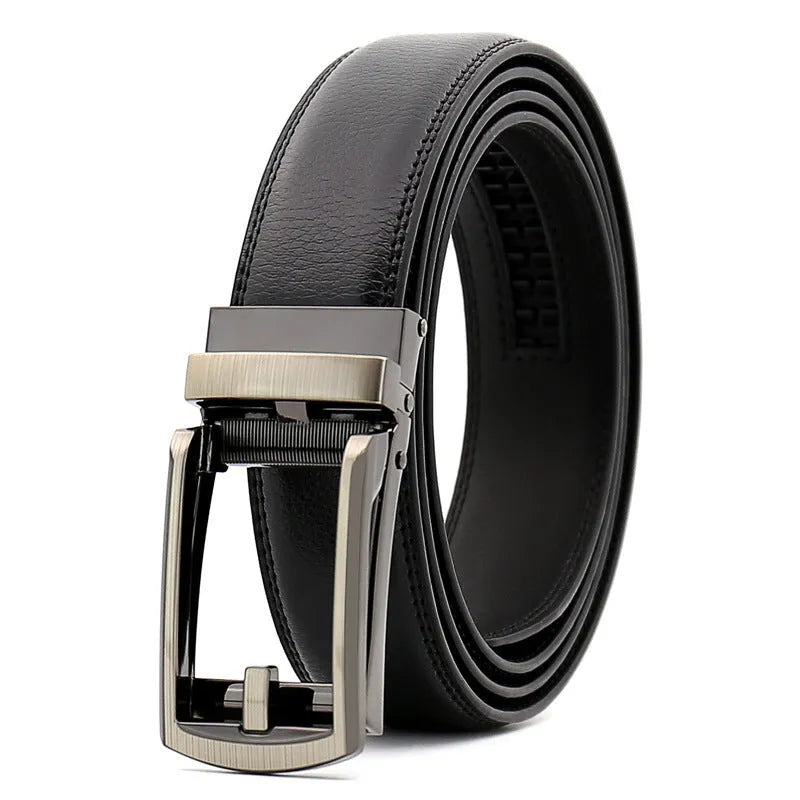 Men's cowhide belt with gun colour metal buckle on black ribbon body, laid flat against a neutral background
