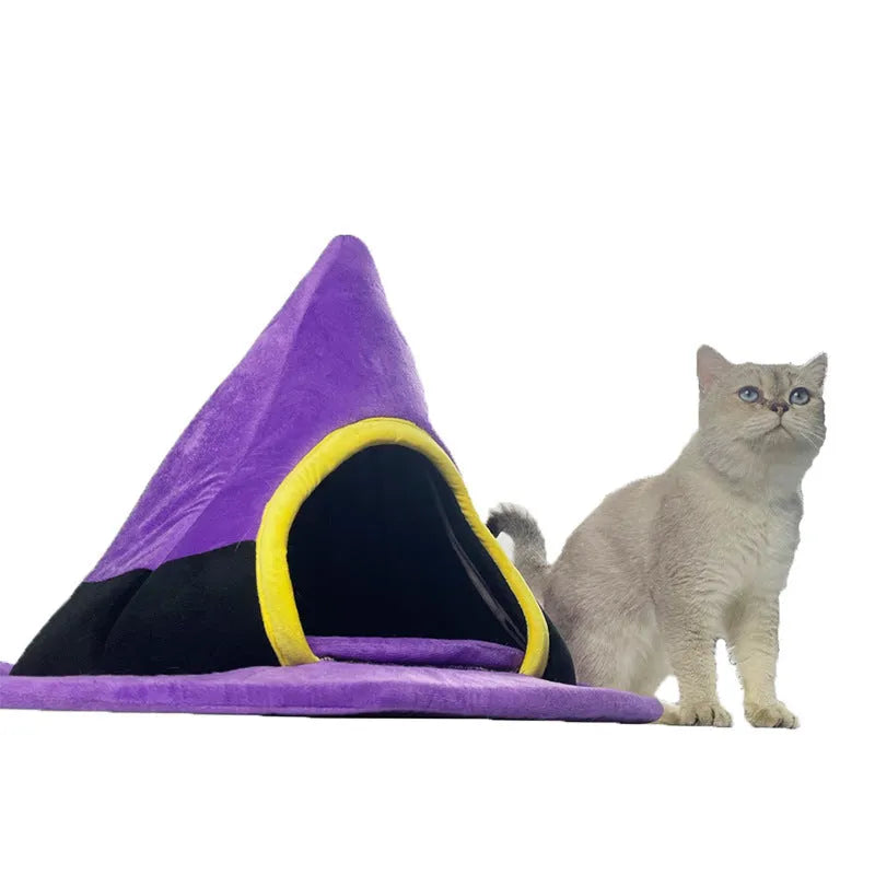 Purple Halloween witch hat shaped cloth cat bed measuring 60x45cm