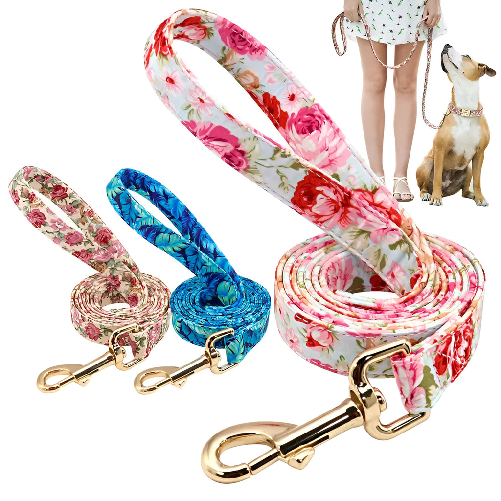 Nylon dog traction rope leash 1.5m x 2cm in small floral beige colour on white background
