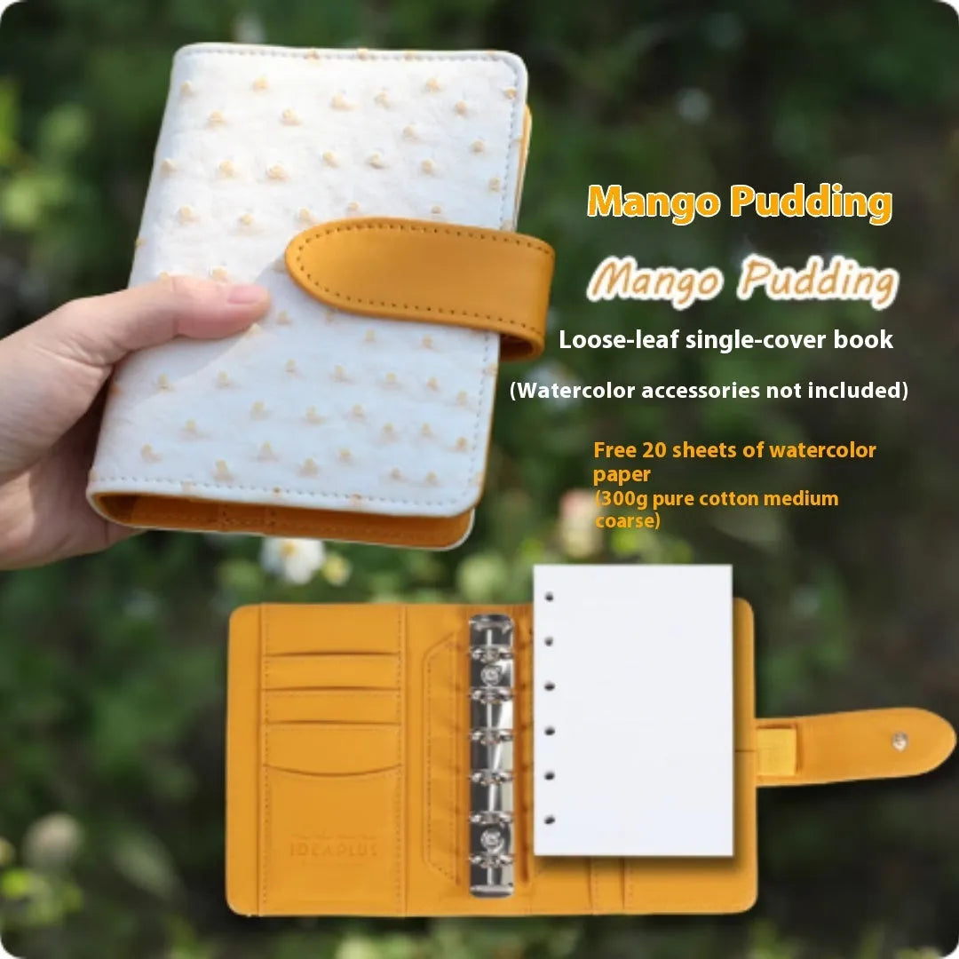 A7 mini loose-leaf watercolour sketchbook in avocado green, hazelnut brown, mango pudding, mocha coffee, or rainforest green.