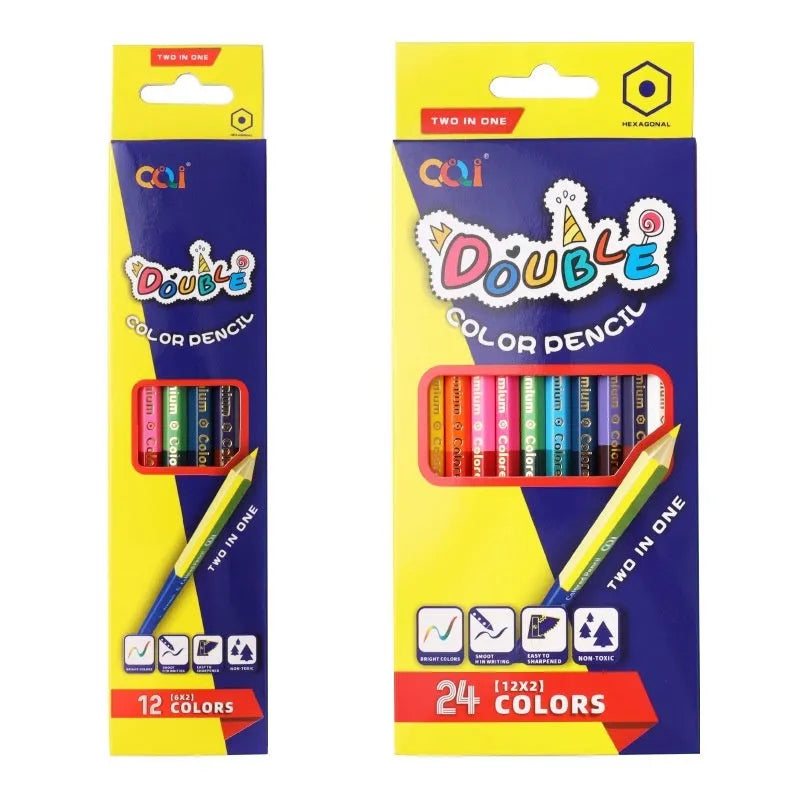 Set of double-headed wooden coloured pencils showing two pack size options: 6 pieces and 12 pieces.
