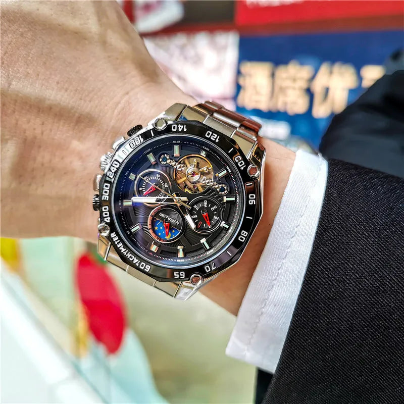 Men's automatic mechanical watch with a slim 12mm case shown in multiple colour variants.
