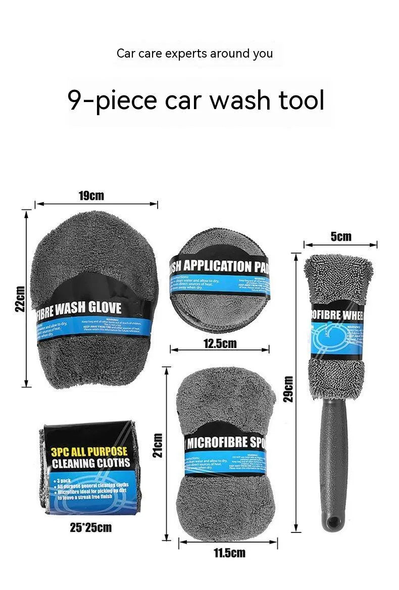 Grey nine-piece car wash cleaning set showing microfiber sponge, gloves, tyre brush, and cleaning towels