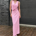 Pink sleeveless vest and long split skirt suit for women, polyester two-piece set in sizes S, M and L