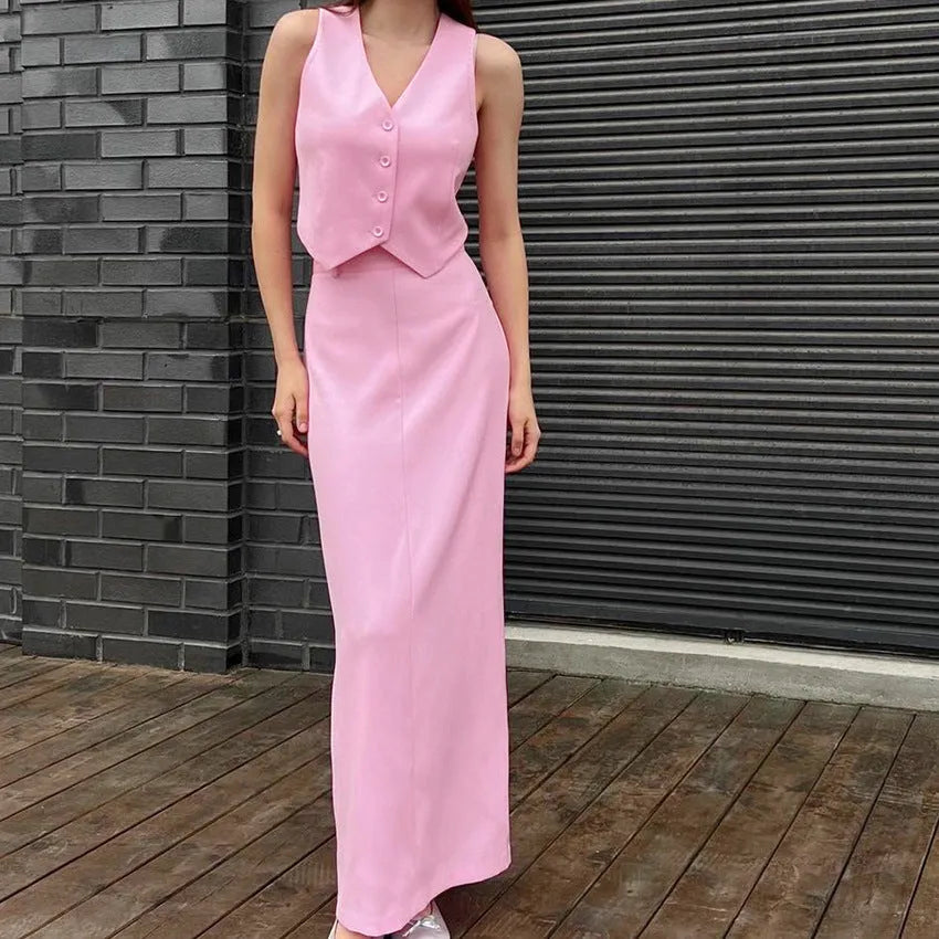 Pink sleeveless vest and long split skirt suit for women, polyester two-piece set in sizes S, M and L