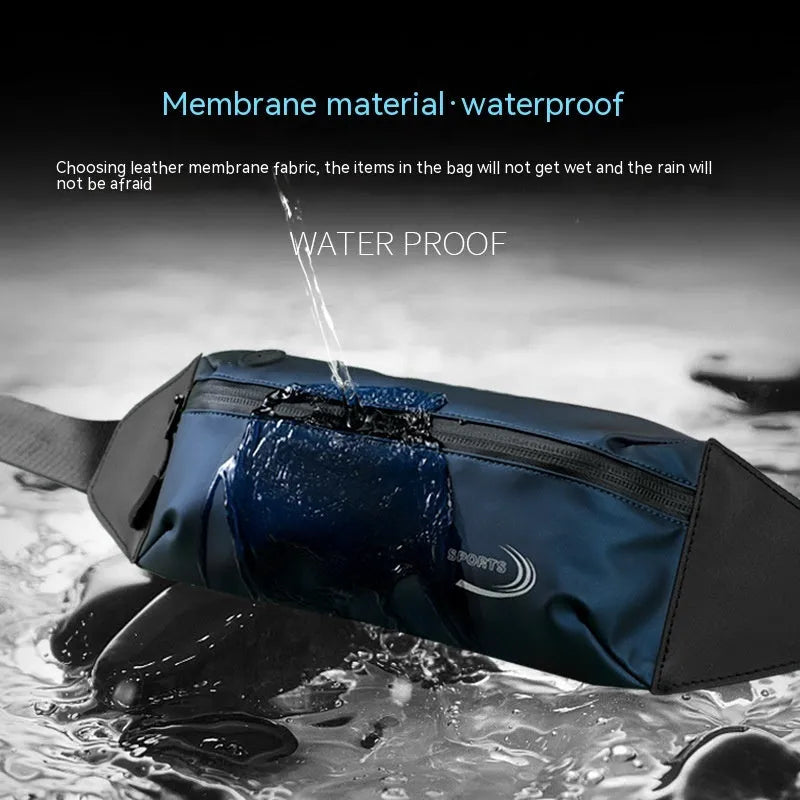 Men's waterproof waist bag in black, blue, and grey colours with 45cm by 10cm by 3cm dimensions