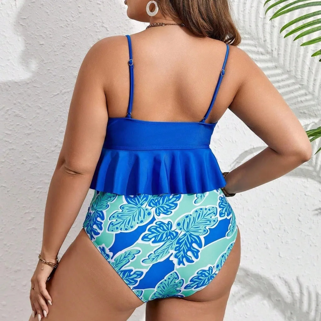 Blue two-piece polyester bikini swimsuit with split briefs, shown in sizes for fuller figures.