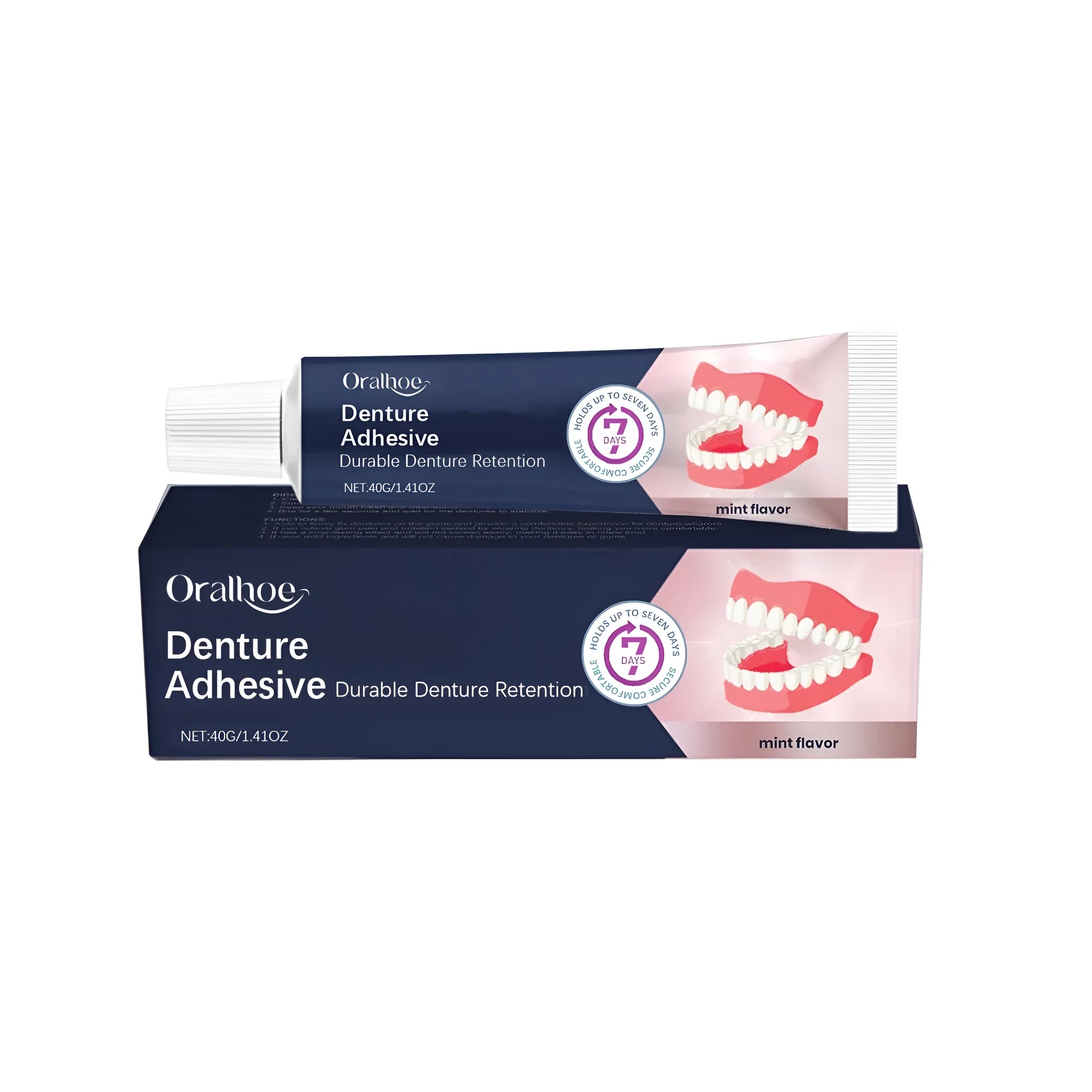 40g tube of denture fixing adhesive with menthol flavour.
