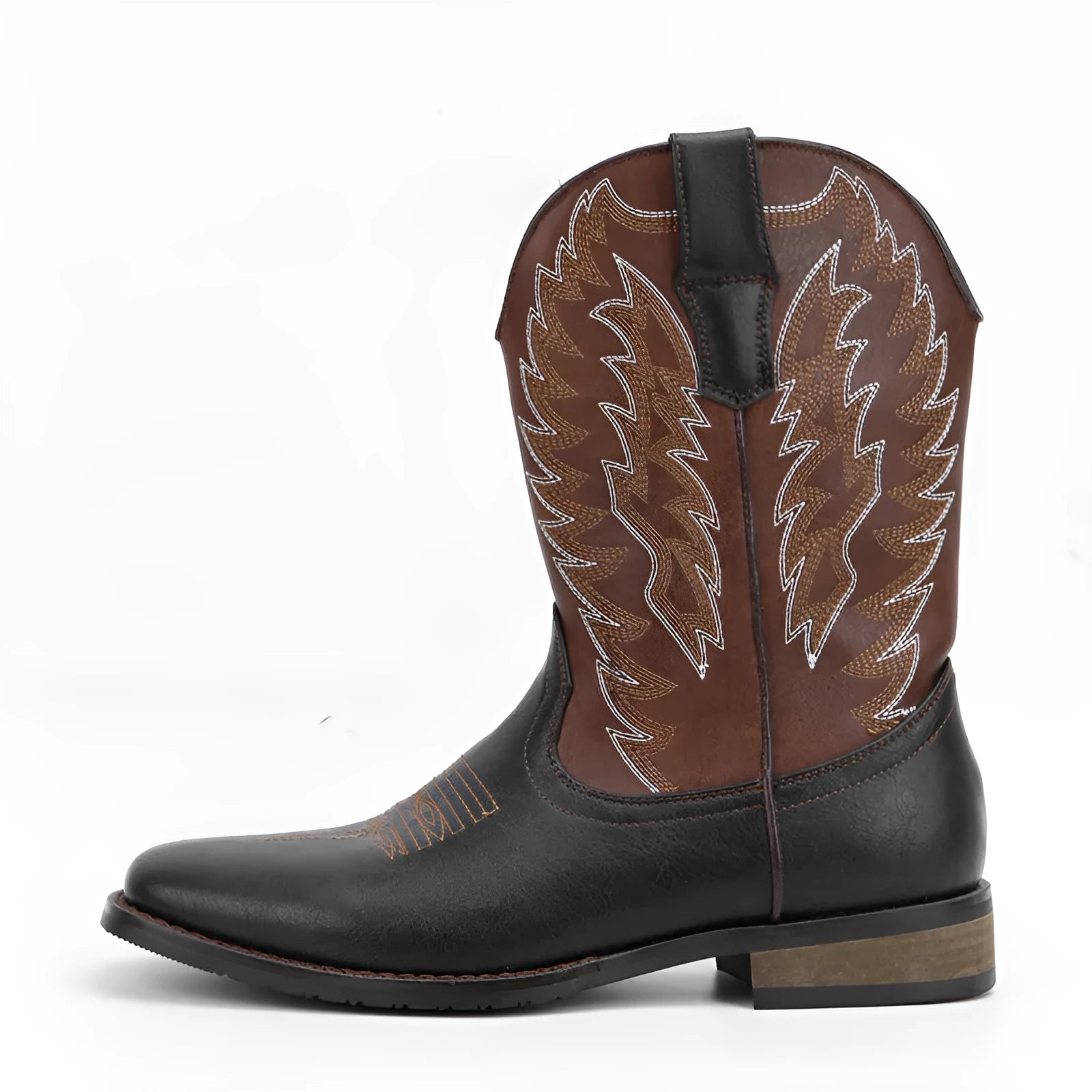 Men's black square toe motorcycle boots with a mid-calf shaft and low wedge heel.