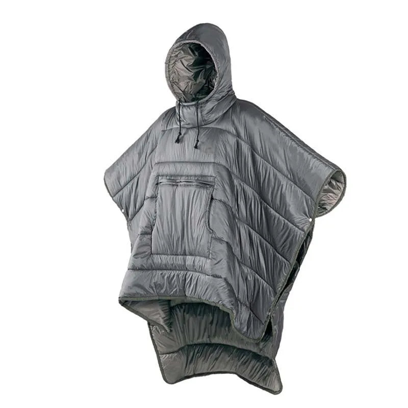Adult-sized grey outdoor cloak sleeping bag with hood, laid out flat showing its 200cm length.