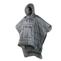 Adult-sized grey outdoor cloak sleeping bag with hood, laid out flat showing its 200cm length.