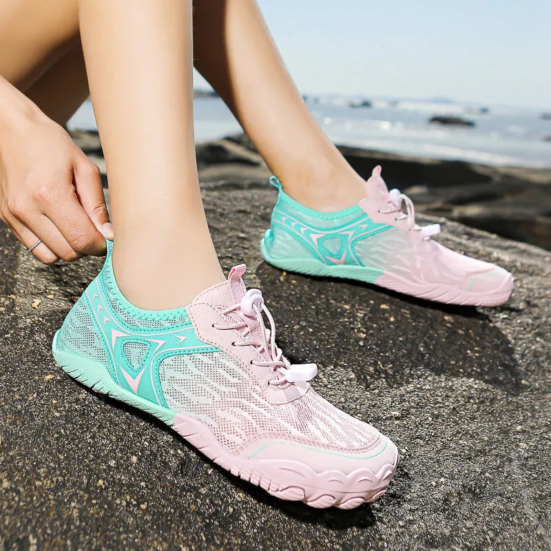 Five finger non-slip wading shoes in army green colour with rubber sole and elastic band.