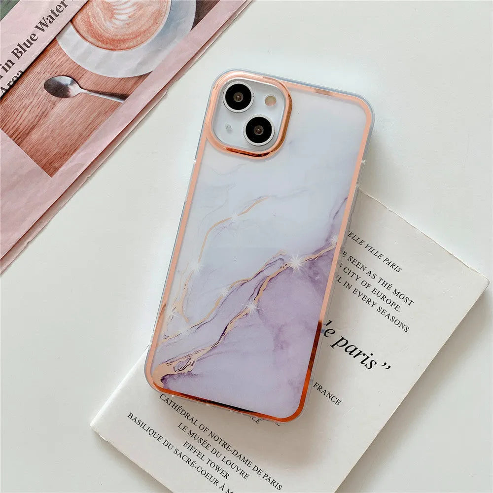 Electroplated marble phone case with mirror finish for iPhone 13-16 Pro Max, TPU PC back cover