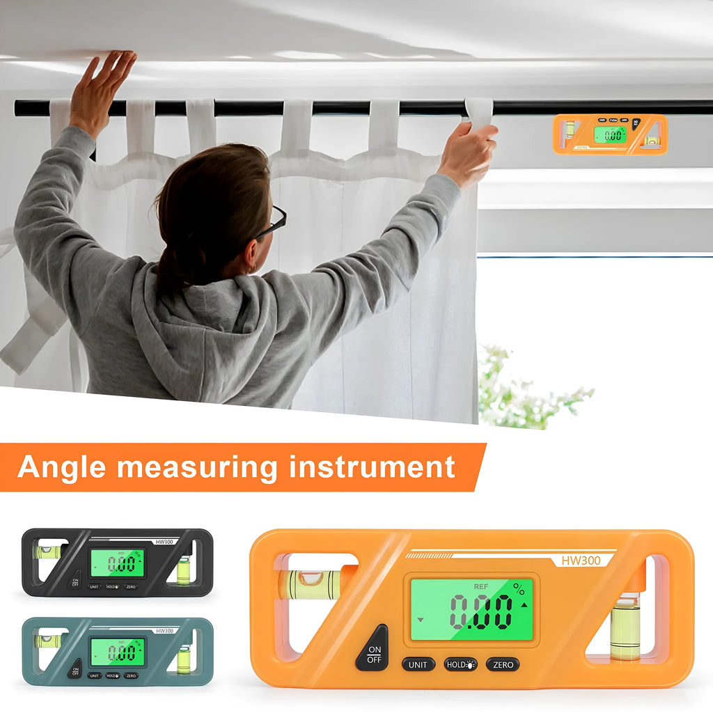 Digital display inclinometer level meter with magnetic base showing angle measurement on metal surface