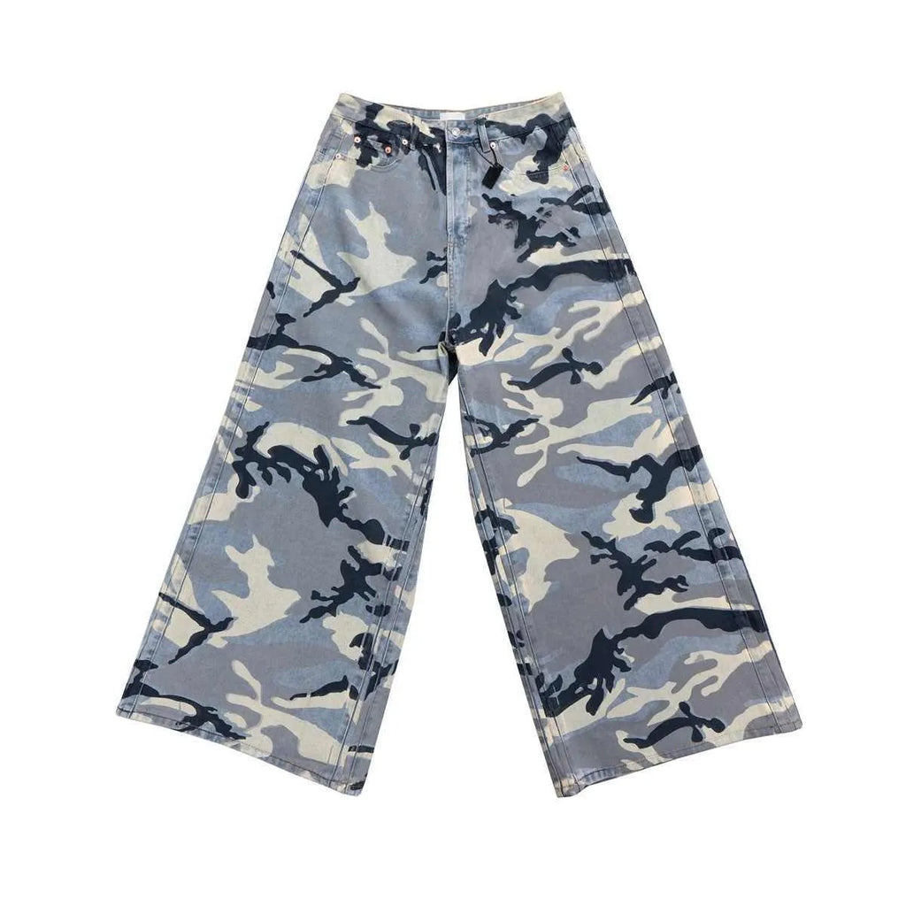 Snow camouflage blue jeans loose fit micro-elastic denim trousers mid waist