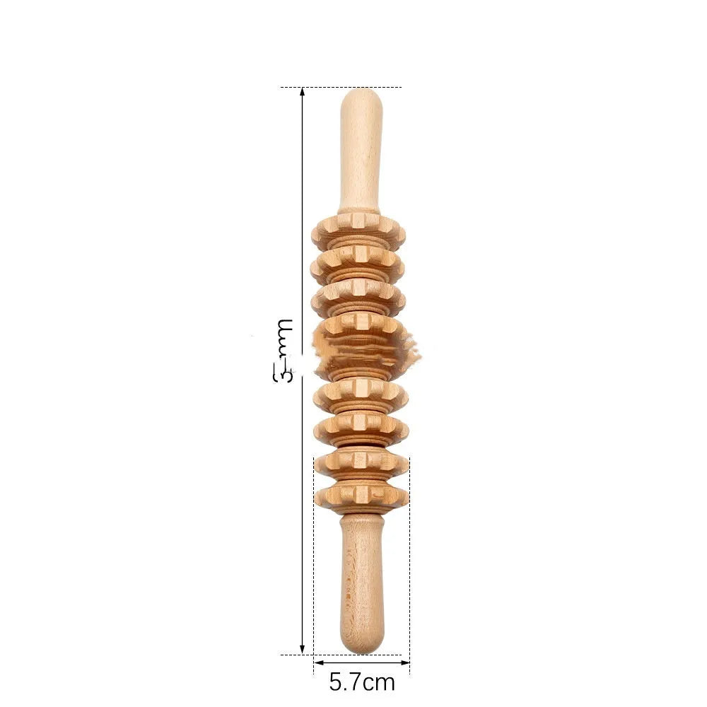 Beech wood massage roller set with T-shaped handle and multiple wheel attachments for lymphatic drainage