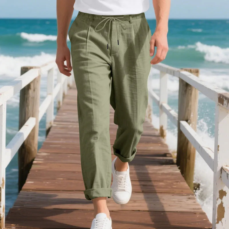 Men's linen casual trousers in army green with drawstring waist and straight leg design