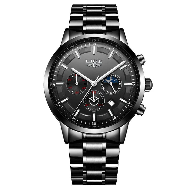 Men's waterproof quartz sports watch in black, blue, and rose gold colour combinations