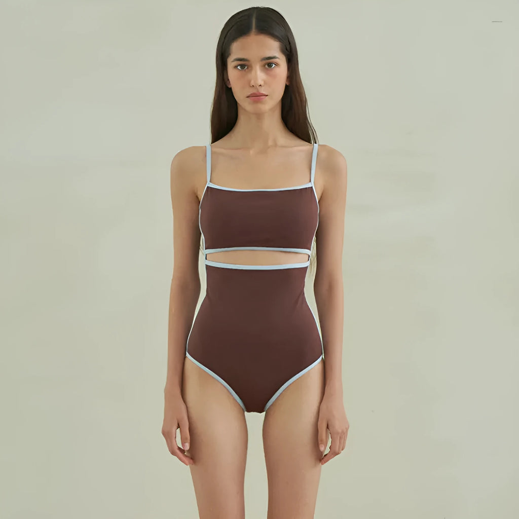 Brown nylon triangle one-piece swimsuit for women on a hanger