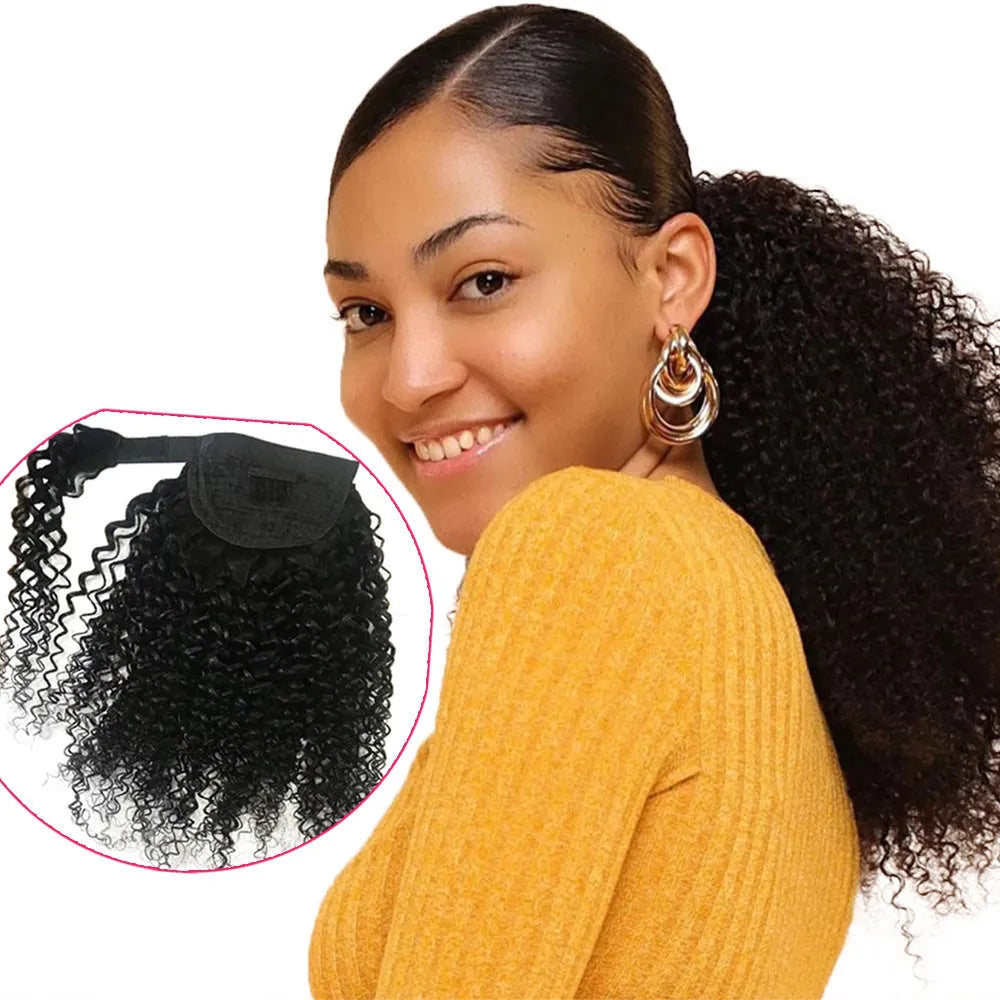 Human hair ponytail with Velcro fastening in natural kinky curly texture on black background