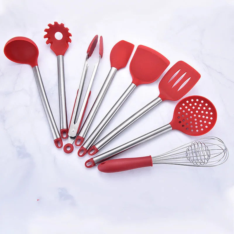 Silicone kitchenware set with stainless steel tube handle, eight utensils in red or black for cooking and baking