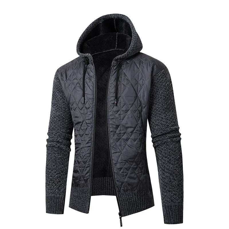 Men's grey corduroy hooded sweater coat with cinched style and wool composition
