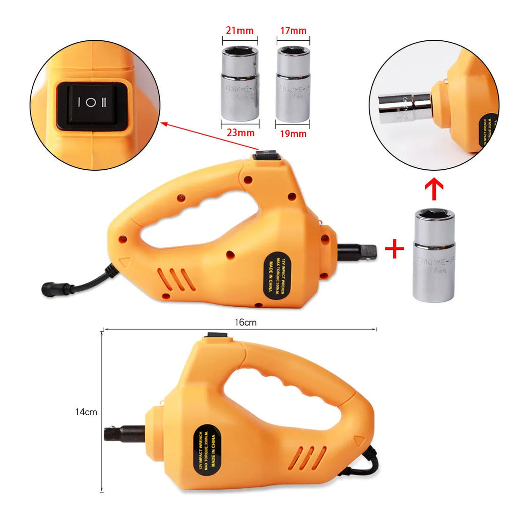 Yellow steel electric car jack set with 12V power wrench for tyre changes