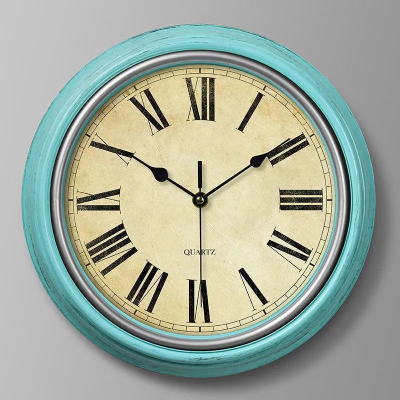 American retro noiseless wall clock 12 inch diameter 29cm glass shell punch-free golden circle Arabic numerals