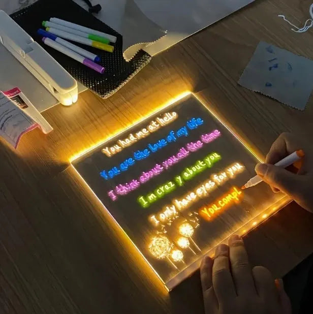Large LED note board with coloured illumination, PVC housing, and pen set in 15x15cm, 20x20cm, or 30x20cm sizes