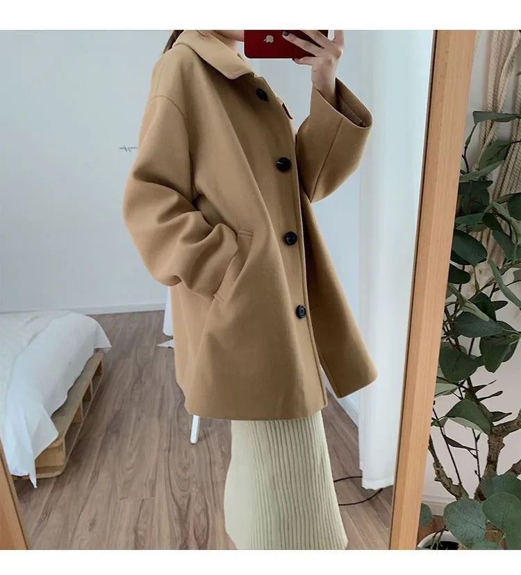 Women's Korean-style loose mid-length solid colour spandex blend overcoat, straight fit, long sleeve, available in khaki and black