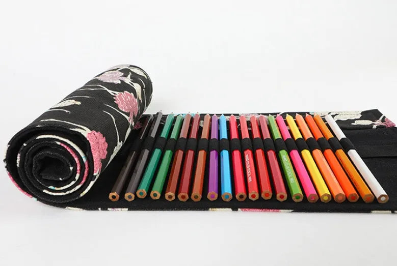 Ballet girl printed canvas rolling pencil case showing square design with multiple pencil compartments