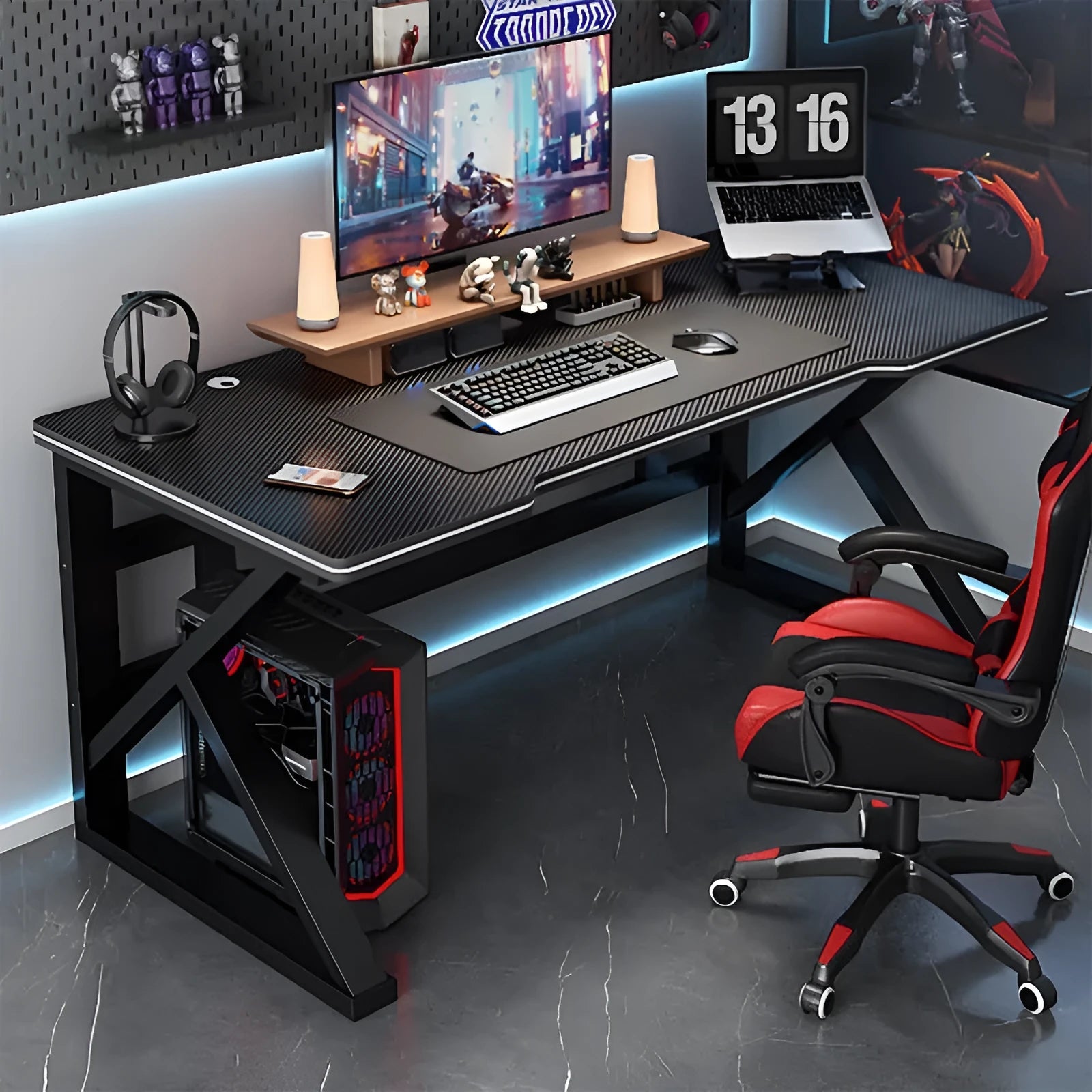 Black carbon fibre computer desk with black frame, single table in 100x60 cm size