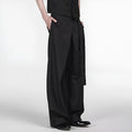 Black straight-leg trousers with adjustable waistband and single pleat detail