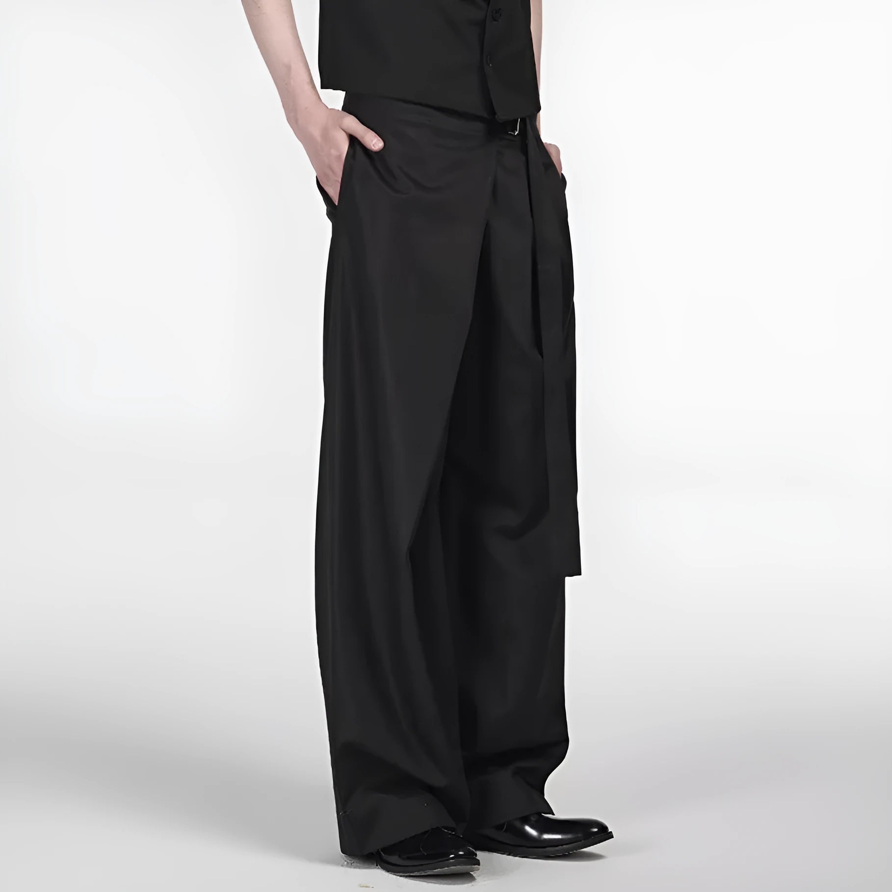Black straight-leg trousers with adjustable waistband and single pleat detail