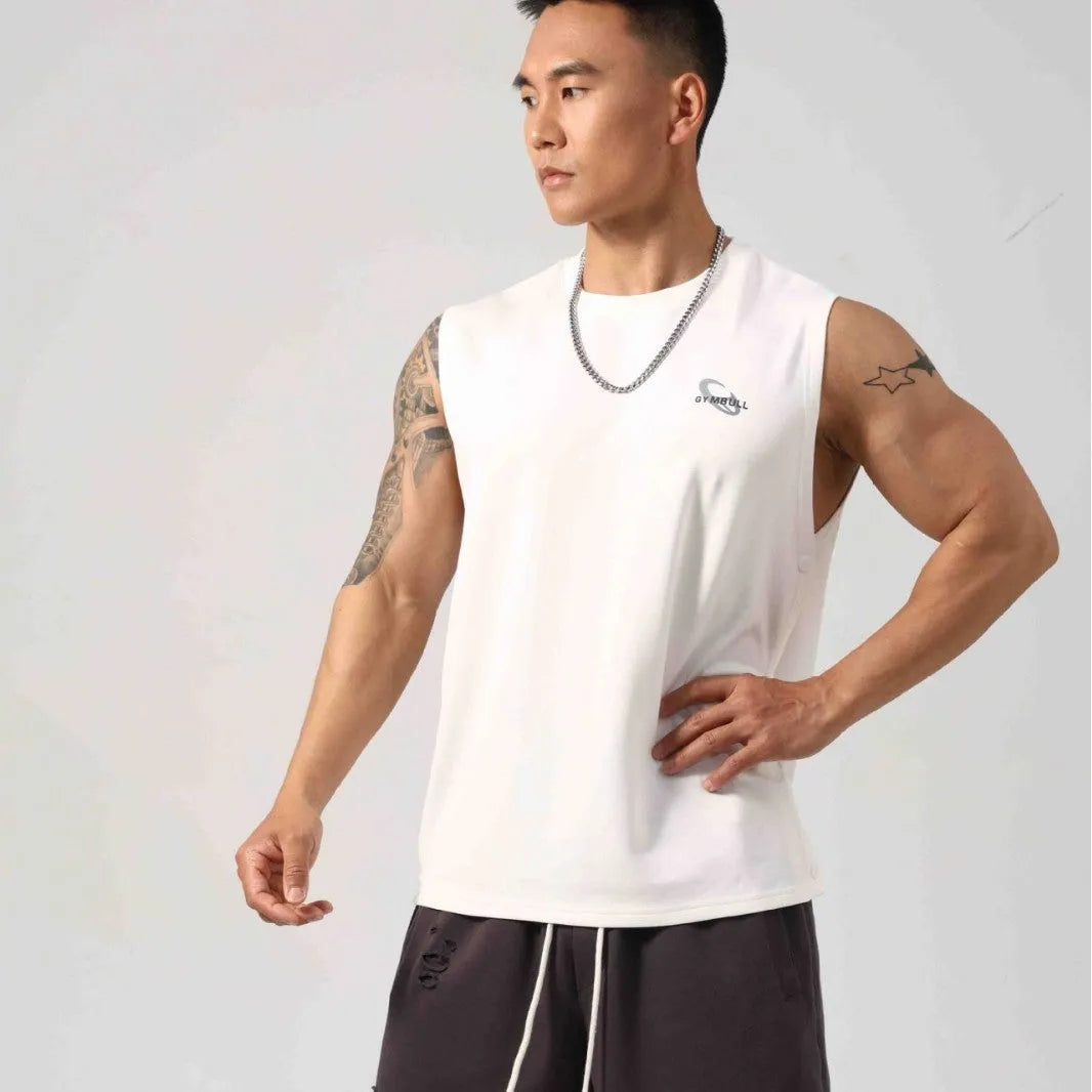 Men's black Korean style fitness vest with hidden hook side openings and loose fit design