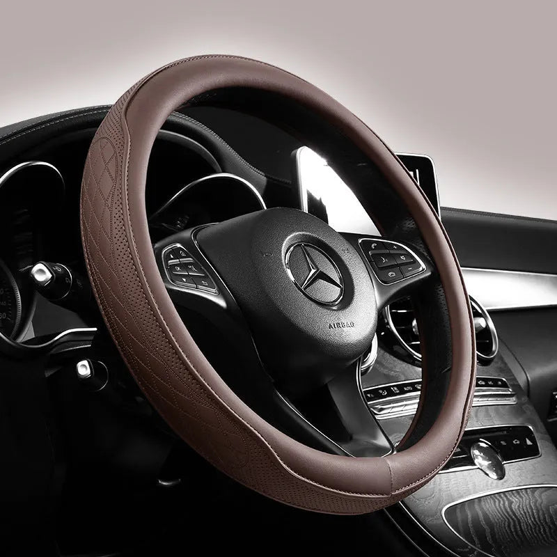 Leather steering wheel cover in navy blue for 38cm car steering wheel