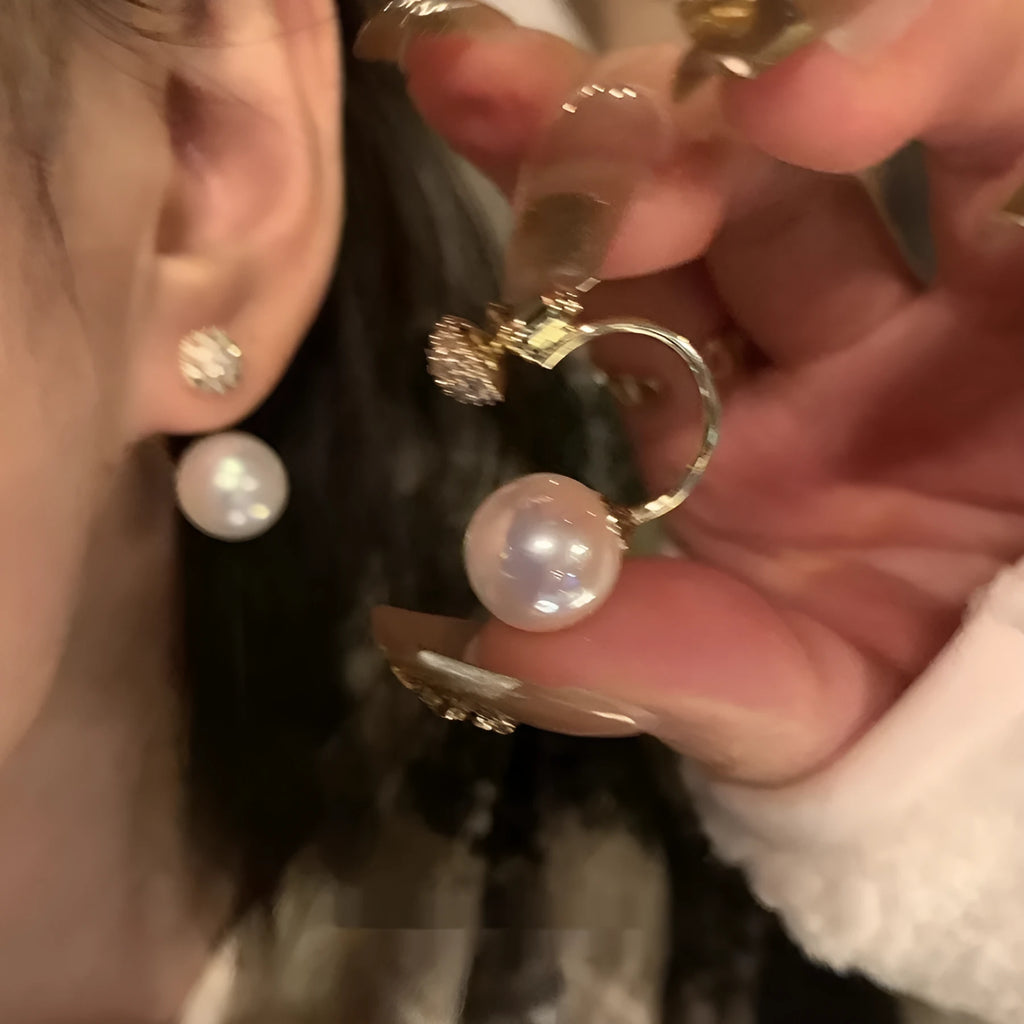 Geometric pearl stud earrings in gold electroplated copper with hanging-back design for women