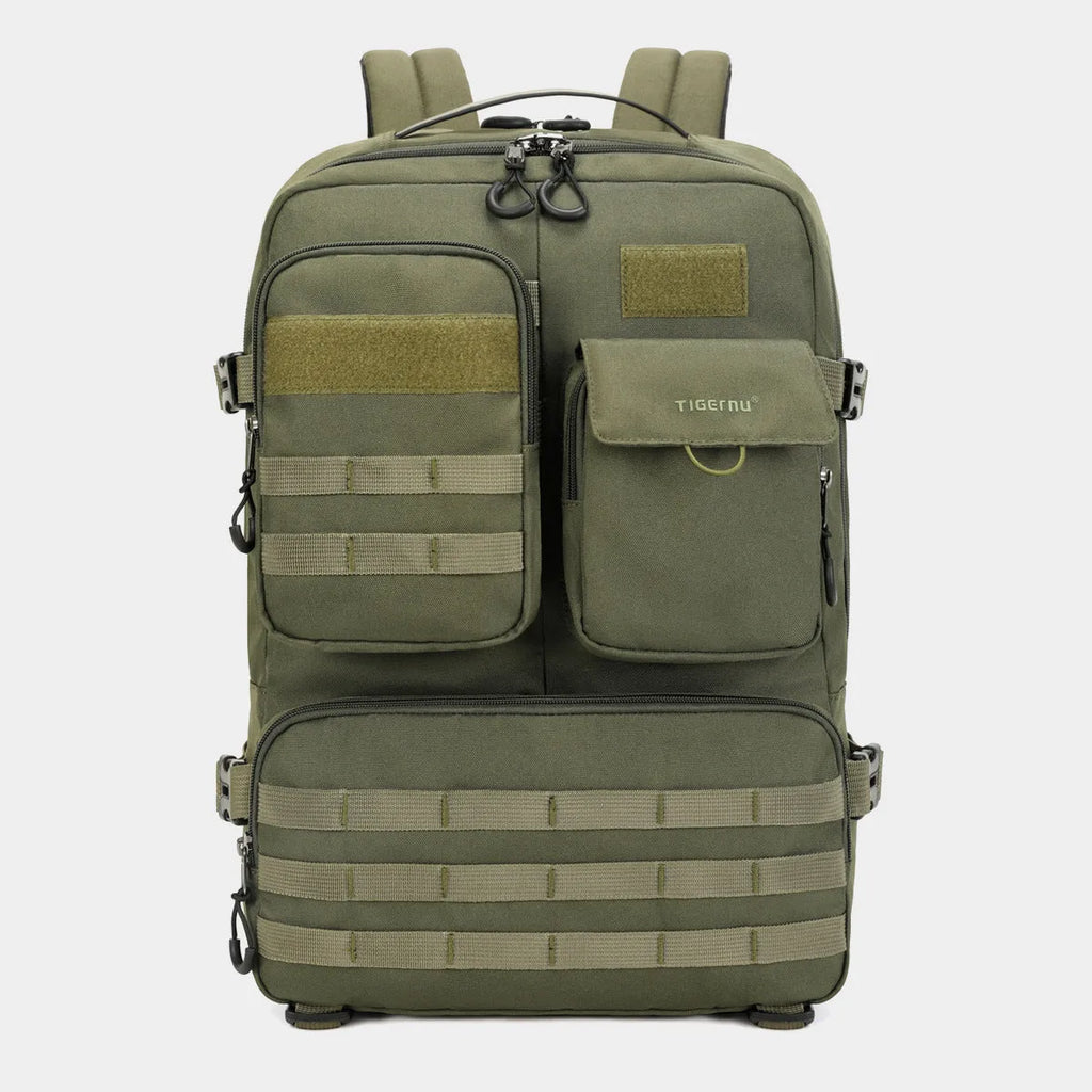 Army green tactical backpack with 17 inch size showing wear-resistant nylon construction