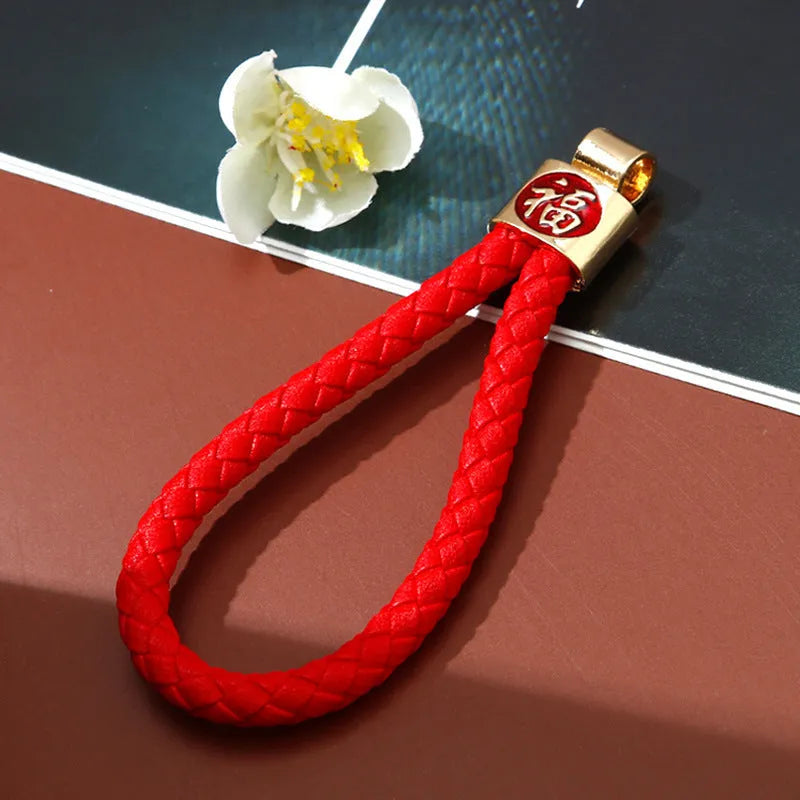 Chinese style diamond-embedded alloy car key ring with lucky rope in multiple colours