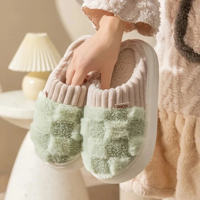 Women's plush indoor slippers with non-slip sole in coffee, green, grey, pink, or white colours