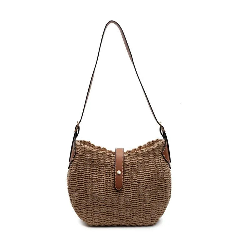 Fashion casual oval straw crossbody bag in creamy white with contrast weave and polyester lining