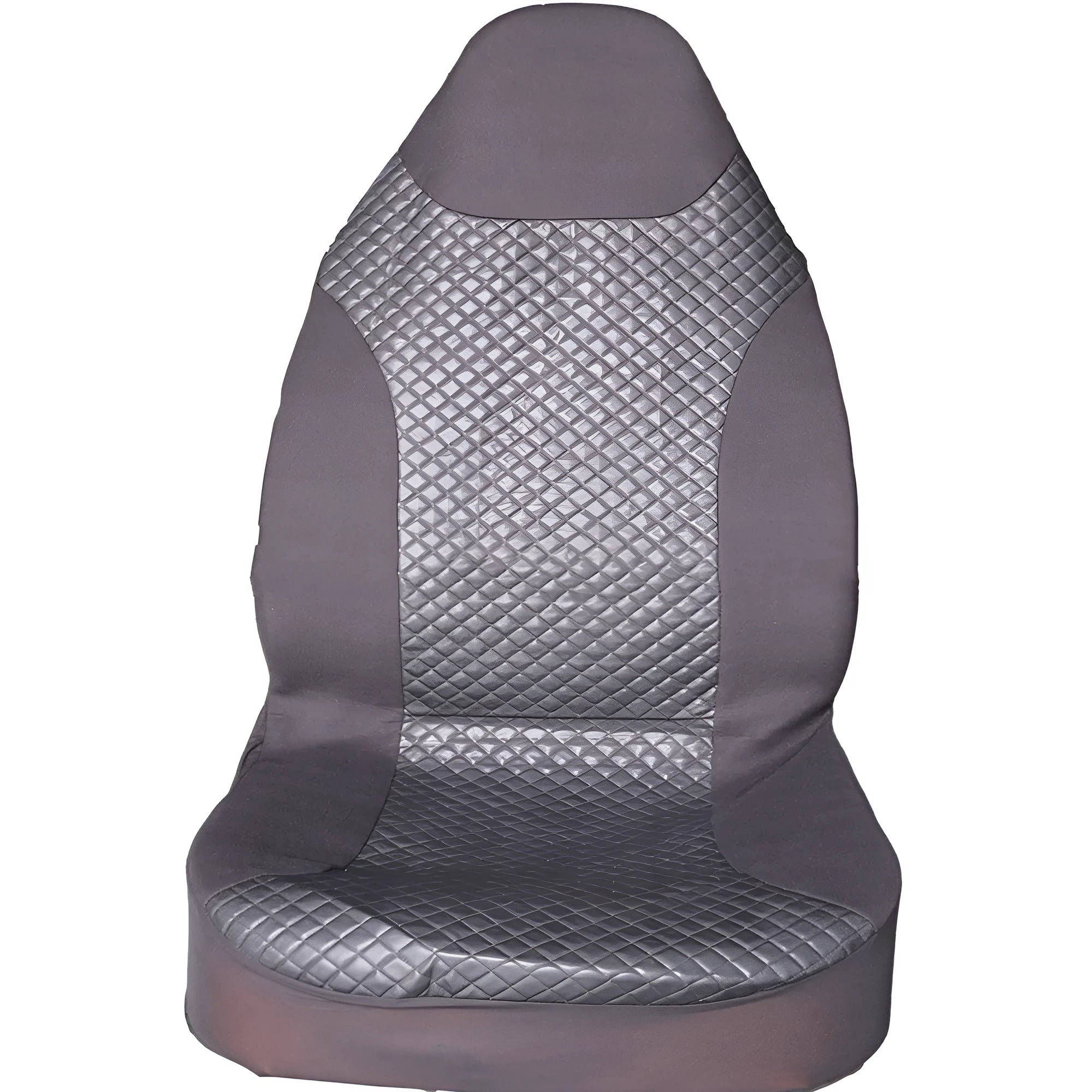 Black quilted automotive seat cover made of PU and polyester with plastic hooks.