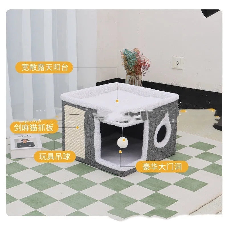 Double-layer dark gray cloth cat nest villa 39x39x32cm foldable pet bed